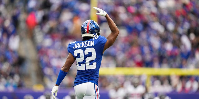 Adoree' Jackson of the New York Giants celebrates against the Houston Texans at MetLife Stadium on Nov. 13, 2022, in East Rutherford, New Jersey.