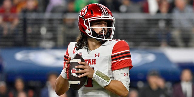 Cameron Rising #7 of the Utah Utes looks to throw a pass against the USC Trojans during the second quarter in the Pac-12 Championship at Allegiant Stadium on Dec. 2, 2022 in Las Vegas, Nev. 