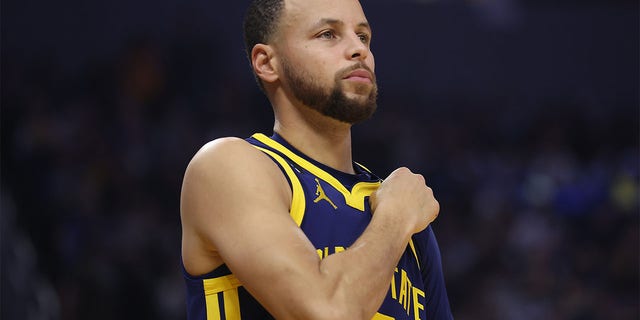 Stephen Curry, #30 of the Golden State Warriors, looks on in the first quarter against the Memphis Grizzlies at Chase Center on January 25, 2023, in San Francisco, California. 