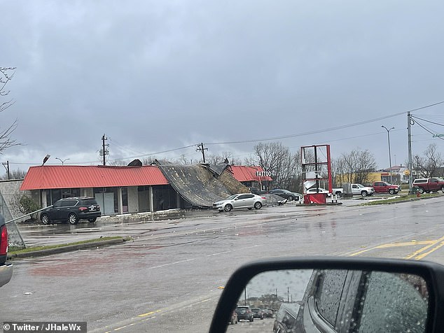 Footage from Houston TV station KTRK showed damage to buildings and power lines in Pasadena, a city southeast of Houston, including doors knocked off a Harley-Davidson dealership