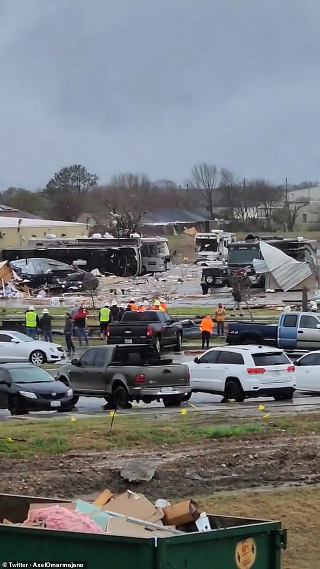 Videos showed extensive damage with downed power lines and debris fields running miles wide throughout the Texas suburbs and destroyed buildings, including an animal shelter