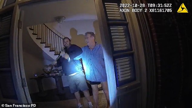 When police arrived at the door, Pelosi and DePape answered it. Pelosi was seen wearing his pajama shirt and underwear while DePape held the hammer in front of police