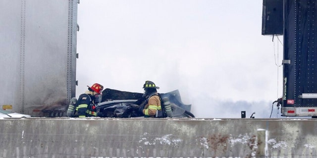 Emergency crews respond to a multi-vehicle accident in both the north and south lanes of Interstate 39/90 just north of the East Creek Road overpass on Friday, Jan. 27, 2023, in Turtle, Wisconsin.