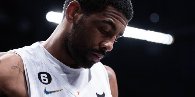 Kyrie Irving of the Brooklyn Nets before the start of the fourth quarter of a game against the New York Knicks at Barclays Center Jan. 28, 2023, in New York City. 