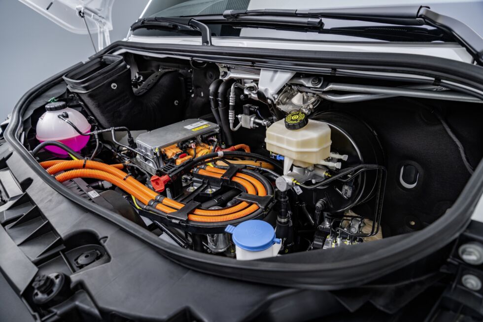 The eSprinter's high-voltage electronics live under the hood.