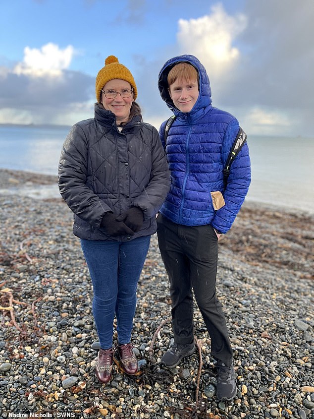 Mum Nadine Nicholls (left), 52, and son Louis-Matisse Nicholls (right), 15, found the two spheres which had been cast away from the same spot in Canada and have washed up 3,800 miles away - on the same stretch of coast in Cornwall