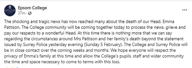 Epsom College shared a post about the 'shocking and tragic' news of the headteacher's death