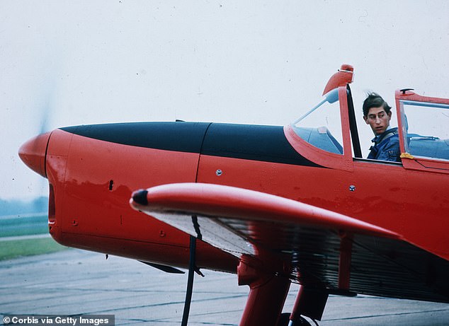 Prince Charles in the cockpit during his flying lesson in an RAF Chipmunk at Tangmere in West Sussex