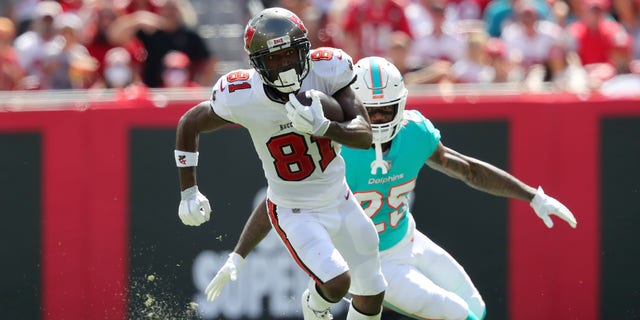 Tampa Bay Buccaneers wide receiver Antonio Brown (81) makes a catch and goes the distance for a score during a game against the Miami Dolphins Oct. 10, 2021, at Raymond James Stadium in Tampa, Fla. 