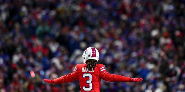 Damar Hamlin #3 of the Buffalo Bills celebrates after a play during the second quarter of an NFL football game against the Miami Dolphins at Highmark Stadium on December 17, 2022 in Orchard Park, New York. 