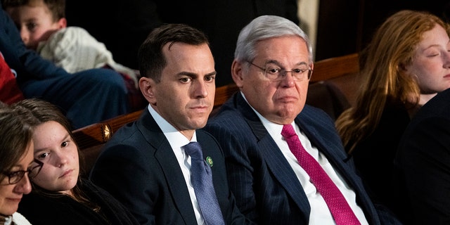 Rep.-elect Robert Menendez Jr., D-N.J., and his father Sen. Bob Menendez, D-N.J., on the House floor of the U.S. Capitol, on Tuesday, January 3, 2023. 