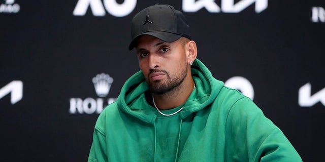 Nick Kyrgios of Australia speaks during a press conference at a practice session ahead of the 2023 Australian Open at Melbourne Park Jan. 14, 2023, in Melbourne, Australia.