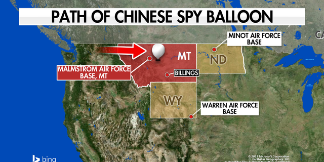 Map shows approximate path of a suspected Chinese surveillance balloon over Montana, Friday, Feb. 3, 2023.