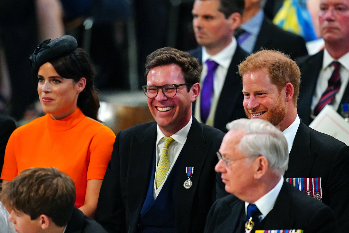 Princess Eugenie, Jack Brooksbank, and Prince Harry at a service of thanksgiving in June 2022