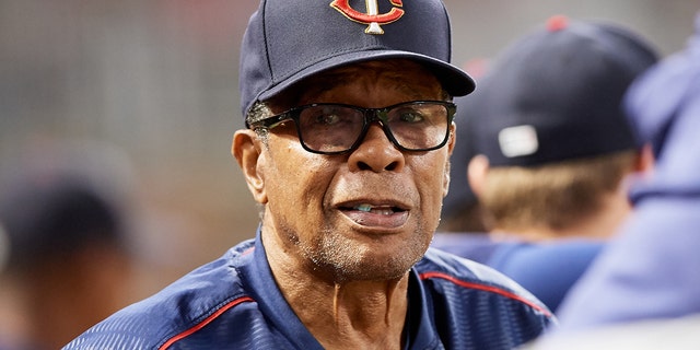 Hall of Fame player Rod Carew looks on in the Minnesota Twins dugout during the interleague game against the Washington Nationals at Target Field on Sept. 10, 2019 in Minneapolis.