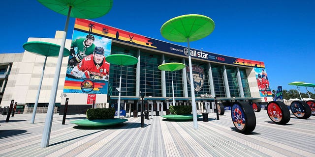 A look at the exterior of FLA Live Arena before the start of the NHL All-Star Skills Competition Feb. 3, 2023, in Sunrise, Fla. 