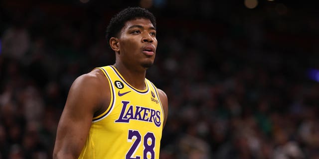 Rui Hachimura of the Los Angeles Lakers looks on during the first half against the Boston Celtics at TD Garden on January 28, 2023 in Boston, Massachusetts.