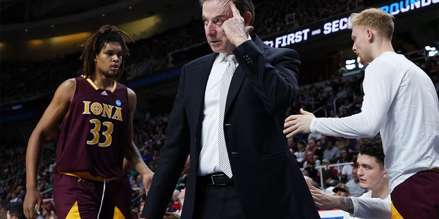 Head coach Rick Pitino of the Iona Gaels reacts in the second half against the Connecticut Huskies during the first round of the NCAA Men's Basketball Tournament at MVP Arena on March 17, 2023 in Albany, New York.