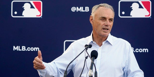 Major League Baseball Commissioner Rob Manfred speaks during a news conference after negotiations with the players association toward a labor deal March 1, 2022, at Roger Dean Stadium in Jupiter, Fla. 