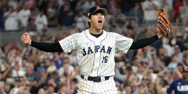 Shohei Ohtani of Team Japan reacts after the final out of the World Baseball Classic championship to defeat Team USA 3-2 at loanDepot Park March 21, 2023, in Miami, Fla. 