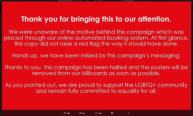 Hours after Dr Harrop's complaint, Primesight confirmed the billboards would be taken down that evening