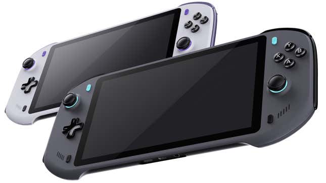 Two Abxylute handhelds, one with a white finish and one with a black, against a white background.