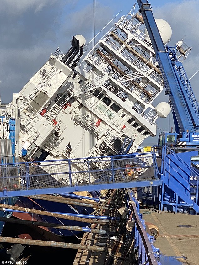 The incident occurred around 8.35am on Wednesday. Images posted on social media show the vessel leaning at a 45-degree angle