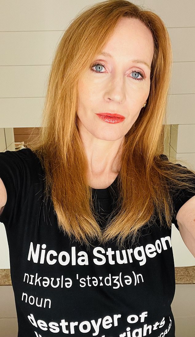 Harry Potter author JK Rowling previously wore a t-shirt designed by Posie Parker. It reads 'Nicola Sturgeon, destroyer of women's rights'