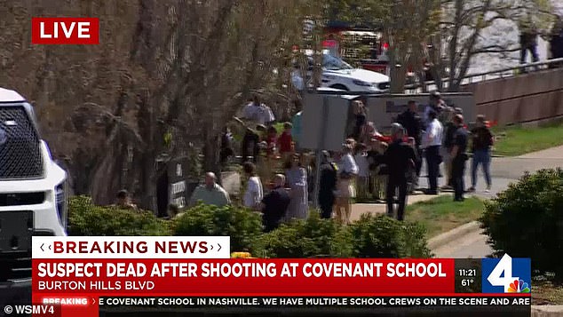 Children pour out of The Covenant School in Nashville, Tennessee, on Monday