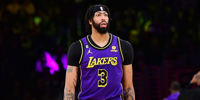 Anthony Davis of the Los Angeles Lakers during a game against the Dallas Mavericks March 17, 2023, at Crypto.Com Arena in Los Angeles.