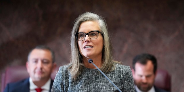 Arizona Gov. Katie Hobbs delivers her State of the State address at the Arizona Capitol in Phoenix, Jan. 9, 2023. 