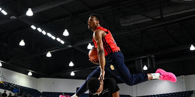 McDonald's All American West guard Bronny James, #6, during the Powerade Jam Fest at Delmar Athletic Complex in Houston March 27, 2023.