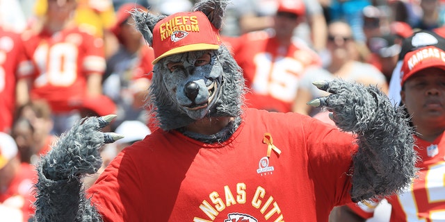 A Kansas City Chiefs fan dressed as K.C. Wolf attends the game between the Jacksonville Jaguars and the Kansas City Chiefs at TIAA Bank Field on September 8, 2019 in Jacksonville, Florida.
