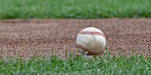 A baseball on the field at TD Ameritrade Park in Omaha, Nebraska, before the College World Series Championship Series between the Arkansas Razorbacks and the Oregon State Beavers on June 26, 2018.