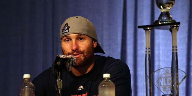 NLCS MVP Daniel Murphy, #28 of the New York Mets, speaks during a press conference after defeating the Chicago Cubs in game four of the 2015 MLB National League Championship Series at Wrigley Field on Oct. 21, 2015 in Chicago.