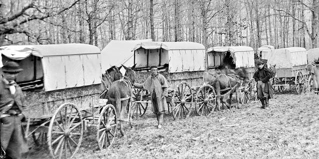 View of an ambulance train at Harewood Hospital, at City Point, Virginia, 1863, during the Civil War. The conflict led to the introduction of civilian ambulance care after the war.