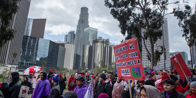 Teachers and SEIU workers and supporters demonstrate outside LAUSD headquarters on Wednesday, March 22, 2023, in Los Angeles, CA. 