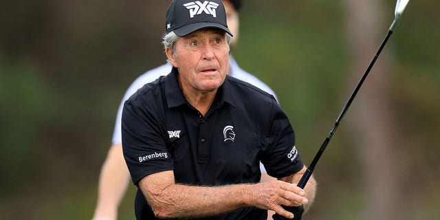 Gary Player plays a shot during the Thursday pro-am as a preview for the 2022 PNC Championship at The Ritz-Carlton Golf Club on Dec. 15, 2022 in Orlando, Florida.