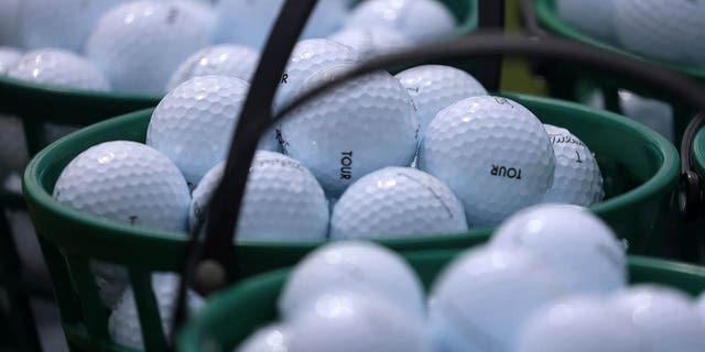 Golf balls on the driving range for the PGA Tour Championship on Aug. 25, 2022, at East Lake Golf Club in Atlanta, Georgia.