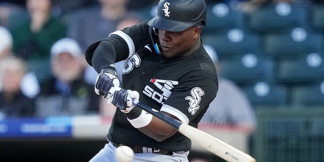 Oscar Colas #76 of the Chicago White Sox grounds out in the first inning against the Kansas City Royals during a Spring Training game at Surprise Stadium on March 08, 2023 in Surprise, Arizona.