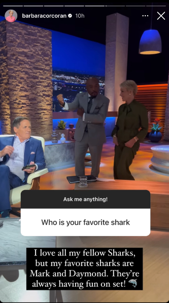 'Shark Tank' Barbara Corcoran with fellow sharks, dancing with Daymond John, while Mark Cuban sits in his seat.