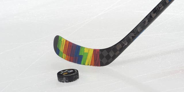 CHICAGO, IL - MARCH 05:  A stick is taped rainbow colors during warm-ups in support of the NHL's "Hockey is for Everyone" initiative during Pride Night prior to the game against the Edmonton Oilers at the United Center on March 5, 2020 in Chicago, Illinois.