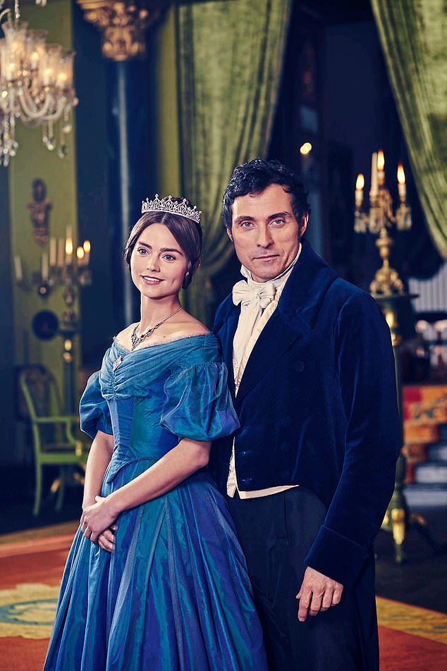 One onlooker to the scene, which was filmed in London, said Sewell 'really looked the part', adding: 'It appears that he has put on a few pounds for the role. This is not the sleek and debonair Rufus Sell (pictured, right) we are used to seeing.' Pictured: Jenna Coleman as Victoria and RUFUS SEWELL as Melbourne