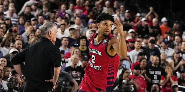 Florida Atlantic guard Nicholas Boyd celebrates after scoring against San Diego State during the first half of a Final Four game in the NCAA Tournament Saturday, April 1, 2023, in Houston.