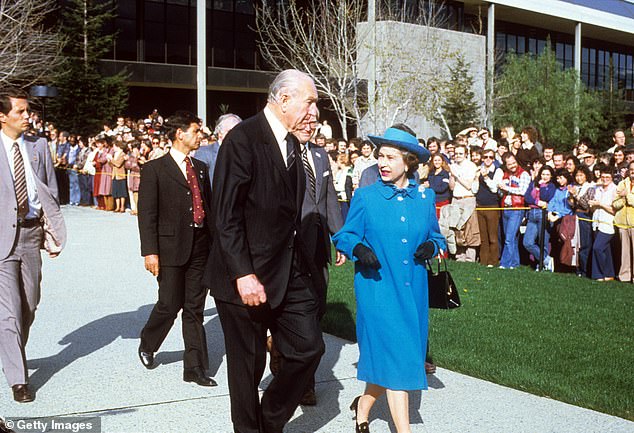 Queen Elizabeth II visits the Hewlett Packard factory on March 3, 1983 in California