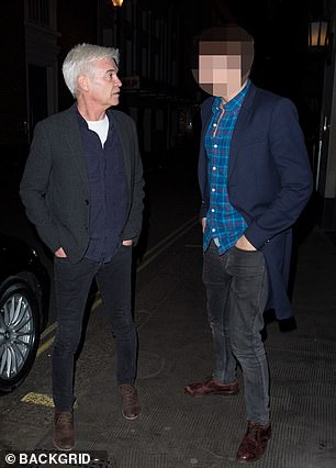 Playtime: Schofield with fellow younger colleague who became his lover leaving The Ivy Club, London