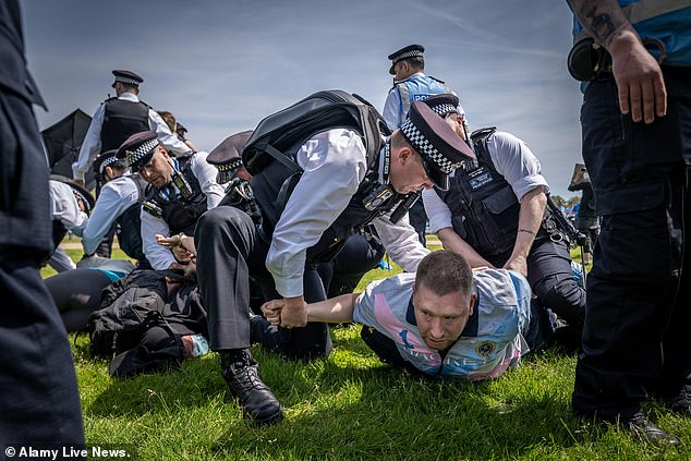 Police arrest a man after violence broke out at a demonstration in Hyde Park yesterday