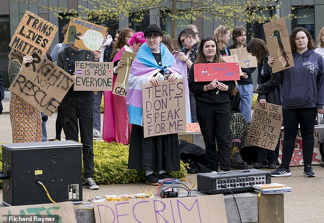 University of York students hold a protest on campus prior to a talk by women's rights campaigner Julie Bindel (pictured on May 4, 2022)