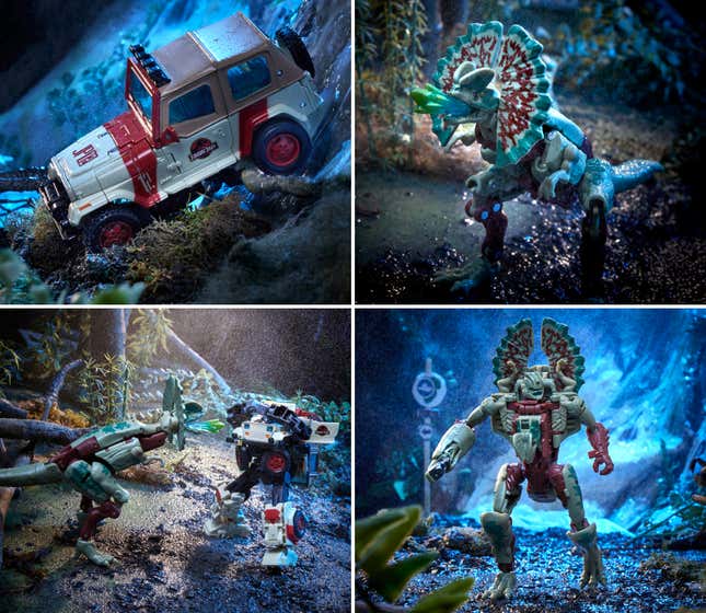A collage of four images featuring the Transformers x Jurassic Park figures in jungle decorated dioramas.