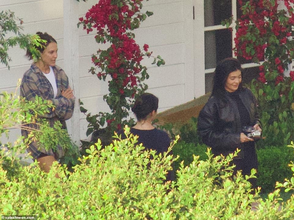 Getting familar: The Kylie Skin mogul already seems to be comfortable around Timothée's family as she was seen hanging out with his 31-year-old actress sister Pauline Chalamet (left). Kylie's older model sister Kendall Jenner (center), 27, was also there